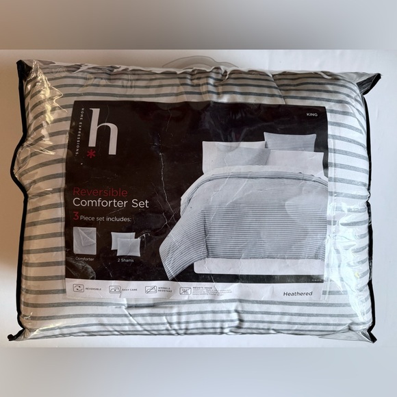 Home Expressions King Reversible Comforter Set 3pc Heathered Striped Bedding New - Picture 2 of 6